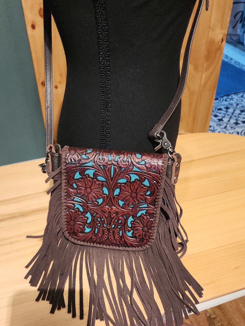 Montana West Brown Tooled Leather Crossbody with Turquoise Inlay & Fringe - Picture 1 of 5